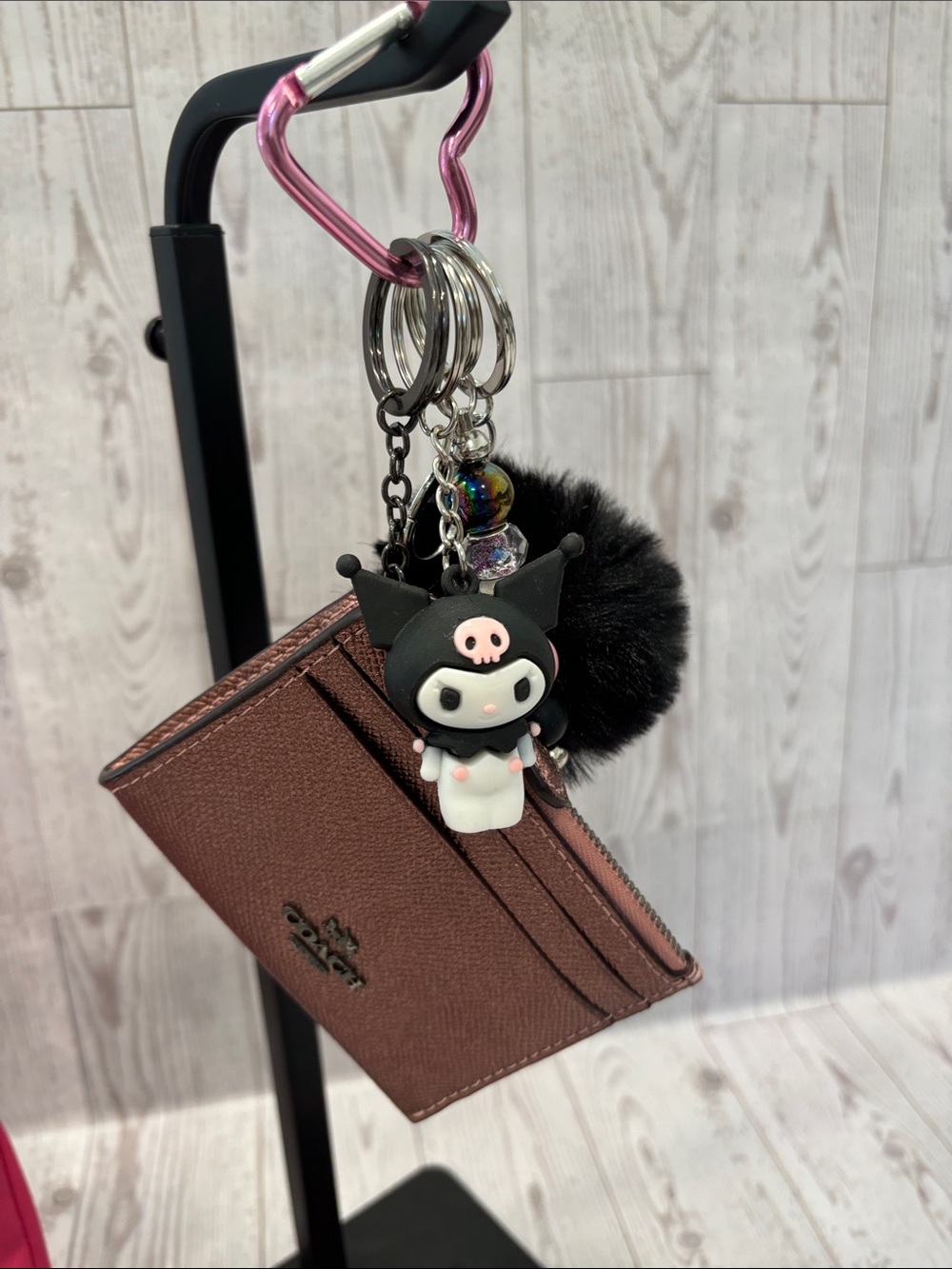 Coach Metallic Mini Skinny ID Case Bundle with Sanrio Kuromi & Faux Fur Charm